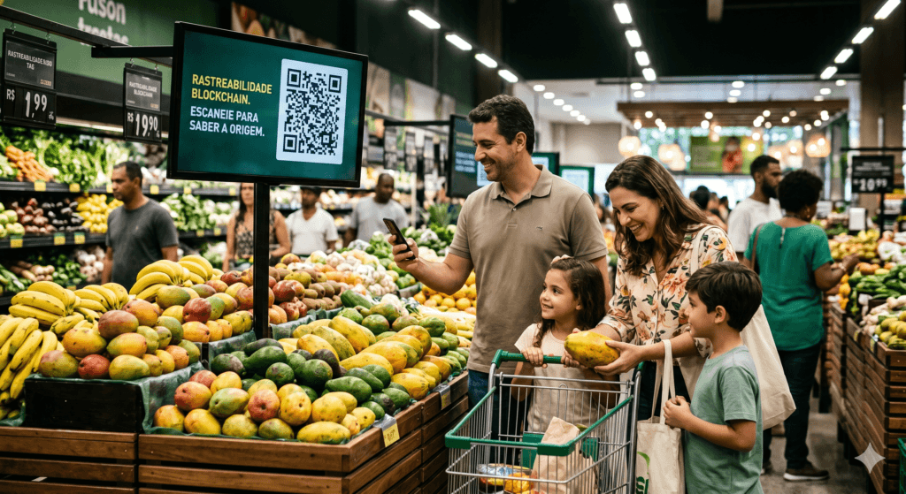 Família comprando em supermercado moderno com rastreabilidade blockchain de alimentos exibida em QR code