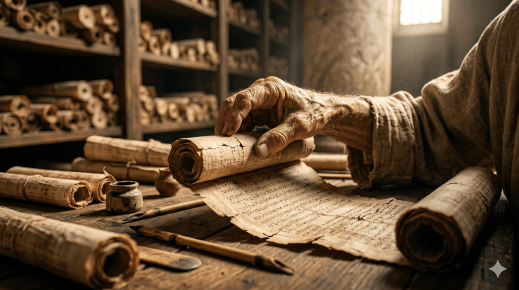 Mão antiga desenrolando cuidadosamente um frágil rolo de papiro com texto desbotado