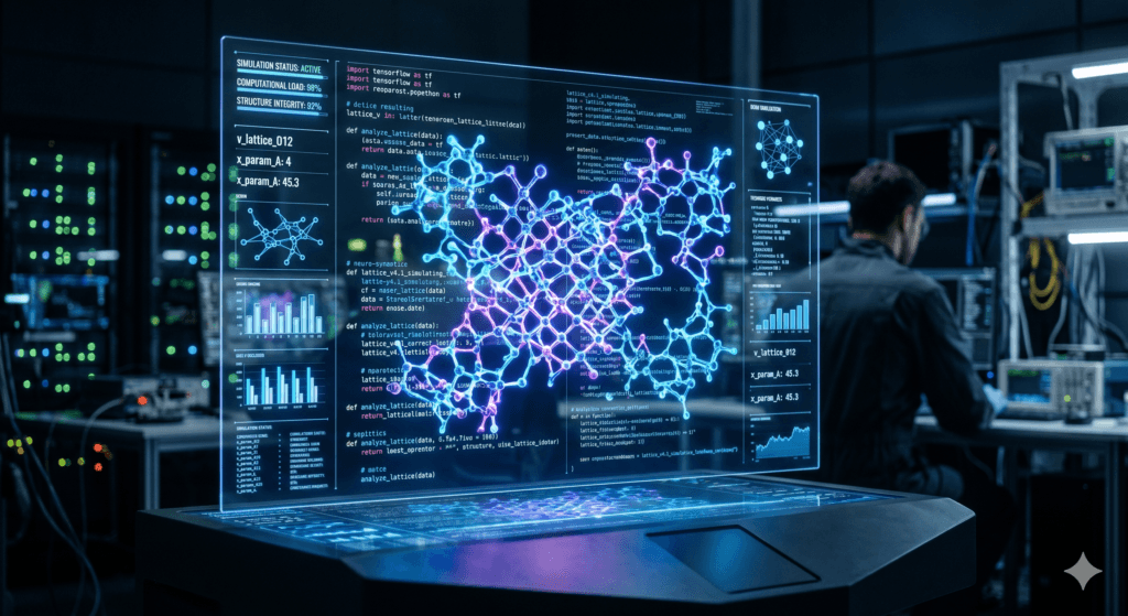 Estruturas moleculares complexas e código de programação em uma tela holográfica, representando o design de materiais por IA.