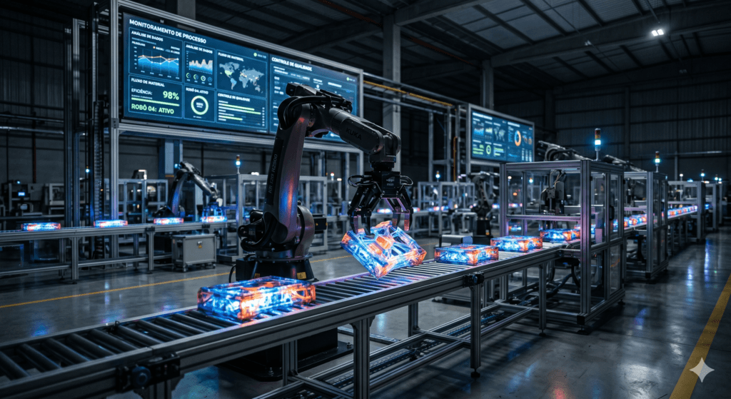 Robôs em uma fábrica avançada manipulando novos componentes de materiais, com telas de dados ao fundo, simbolizando a manufatura inteligente.