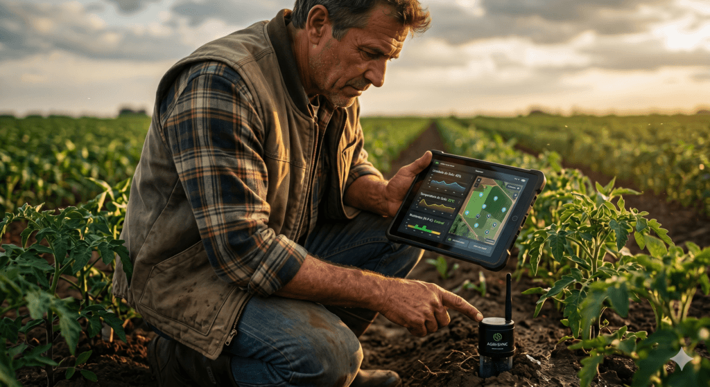 Agricultor usando tablet para monitorar dados de sensores IoT no solo para agricultura de precisão