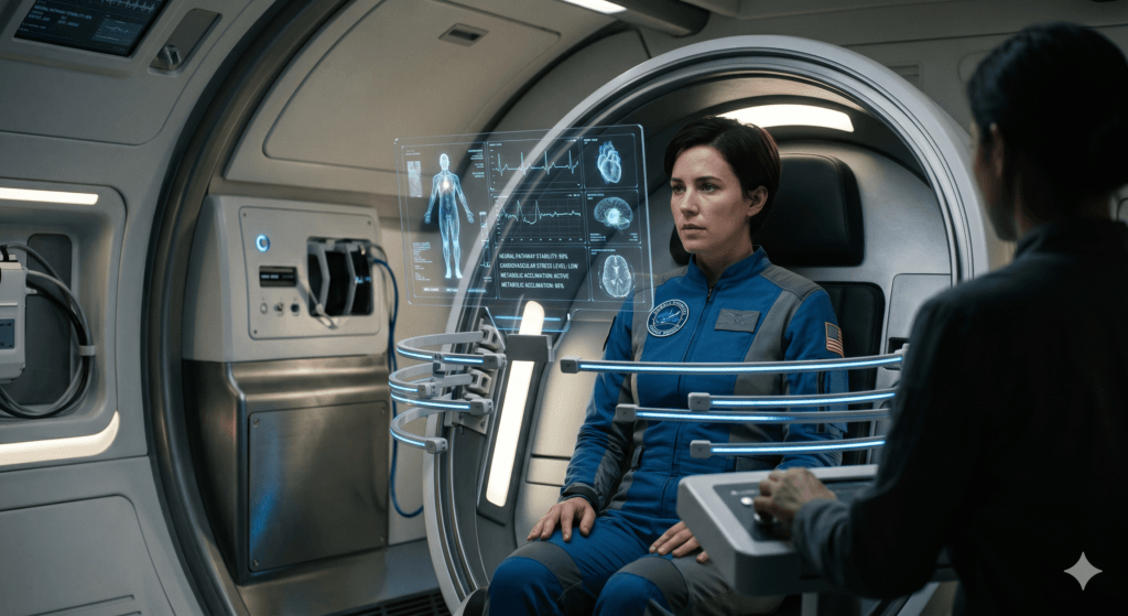 Astronauta em exame médico com tecnologia de IA, medicina espacial, monitoramento de saúde