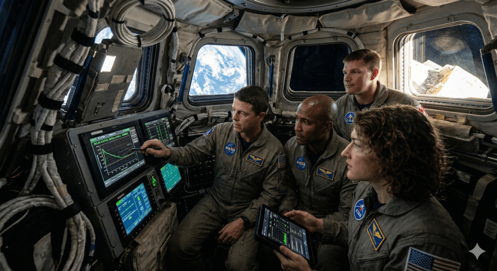 Simulação dos integrantes das missão Artemis II no espaço