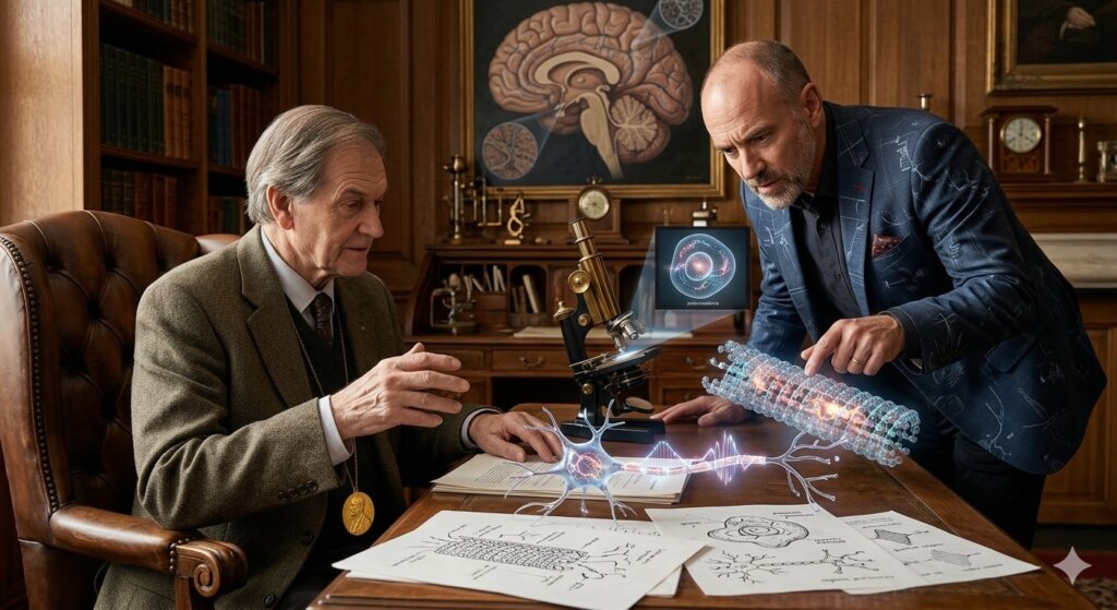 Ilustração de Roger Penrose e Stuart Hameroff analisando a proto consciencia