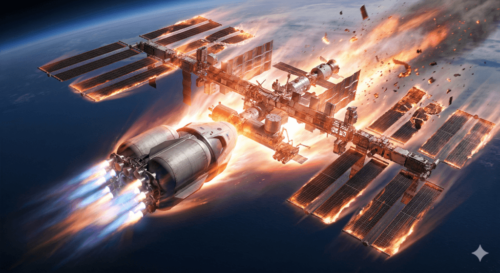 estação espacial internacional sendo tirada de órbita pela US Deorbit Vehicle