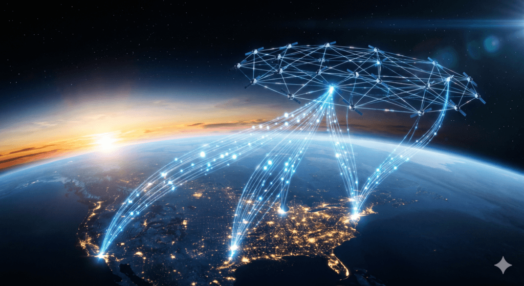 Fluxo de dados da Terra para data centers em órbita, ilustrando a conectividade global de baixa latência da internet espacial. Visão 2