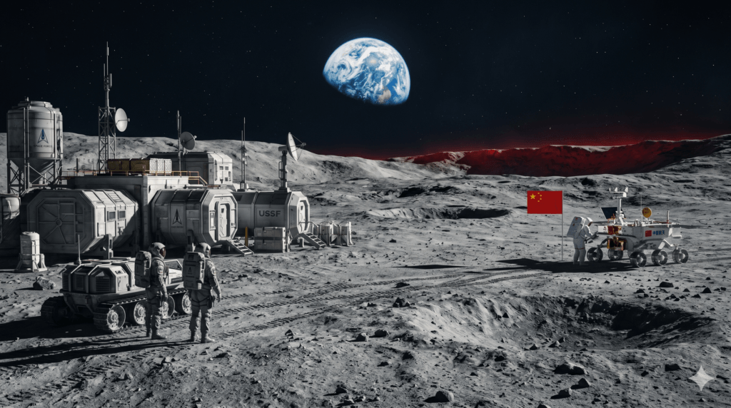 Paisagem lunar com base militar futurista dos EUA e rover chinês com bandeira, simbolizando tensão espacial.
