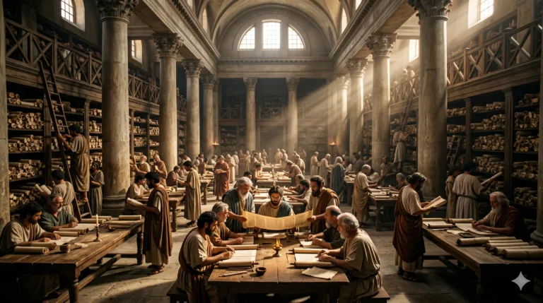 Vista interna grandiosa da Biblioteca de Alexandria com estudiosos e rolos de papiro