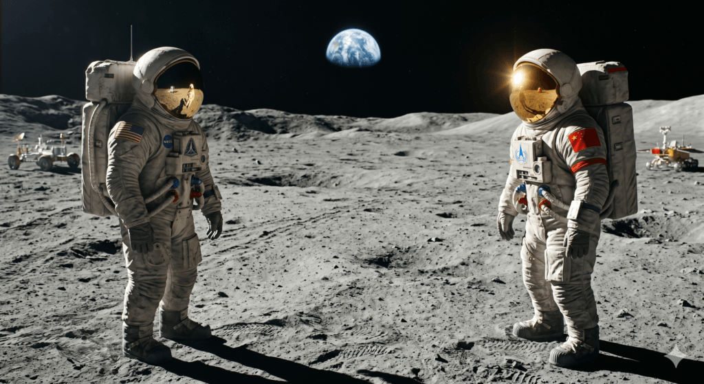 Astronautas dos EUA e China em confronto silencioso na superfície lunar, simbolizando tensões espaciais.