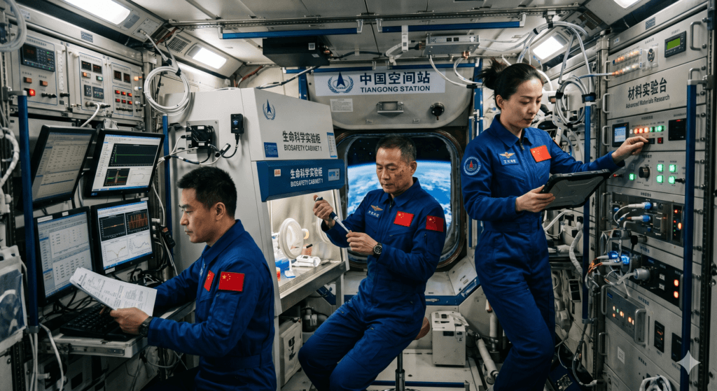 Taikonautas chineses realizando experimentos científicos dentro da Estação Tiangong.