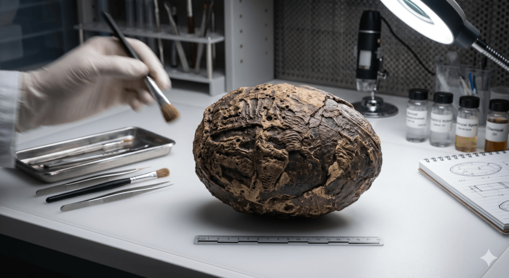 Ovo de dinossauro fossilizado de titanossauro, detalhes da casca.