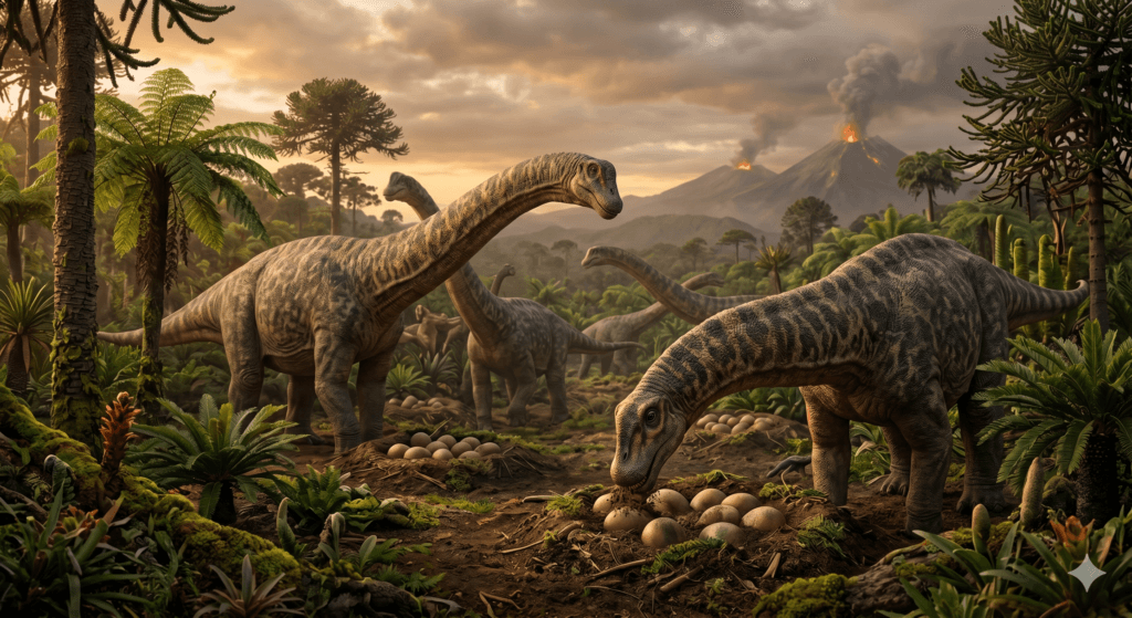 Reconstrução de titanossauros nidificando na Patagônia Cretácea.