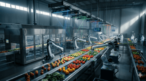 Robôs e sensores em uma linha de produção alimentar de alta tecnologia, reduzindo o desperdício de alimentos