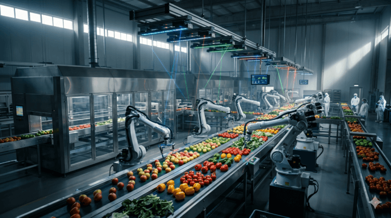 Robôs e sensores em uma linha de produção alimentar de alta tecnologia, reduzindo o desperdício de alimentos
