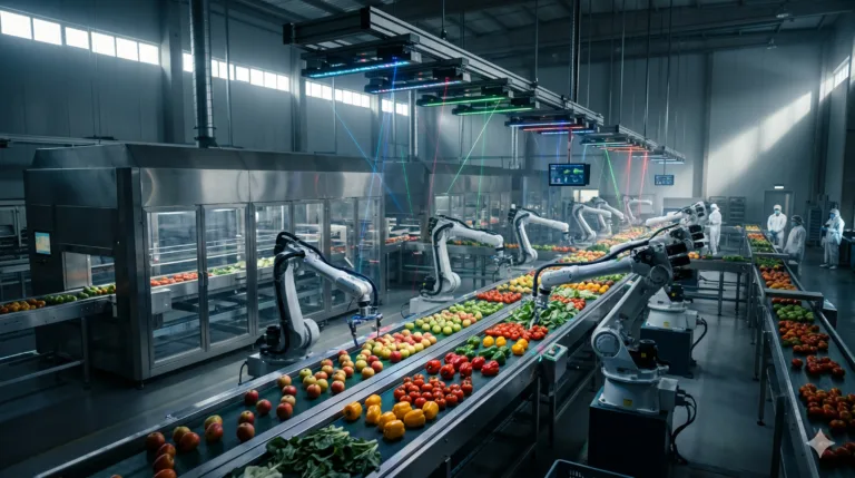Robôs e sensores em uma linha de produção alimentar de alta tecnologia, reduzindo o desperdício de alimentos
