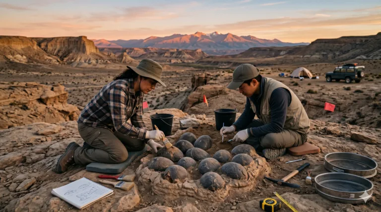 Paleontólogos escavando ovos de dinossauro gigantes na Patagônia, descoberta pré-histórica.