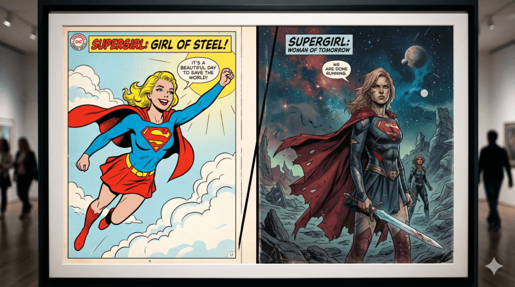 Contraste entre a Supergirl clássica e a versão brutal de 'Woman of Tomorrow'.