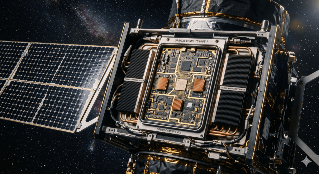 Close-up de satélite com módulos de computação integrados e painéis solares, representando tecnologia de data center espacial.