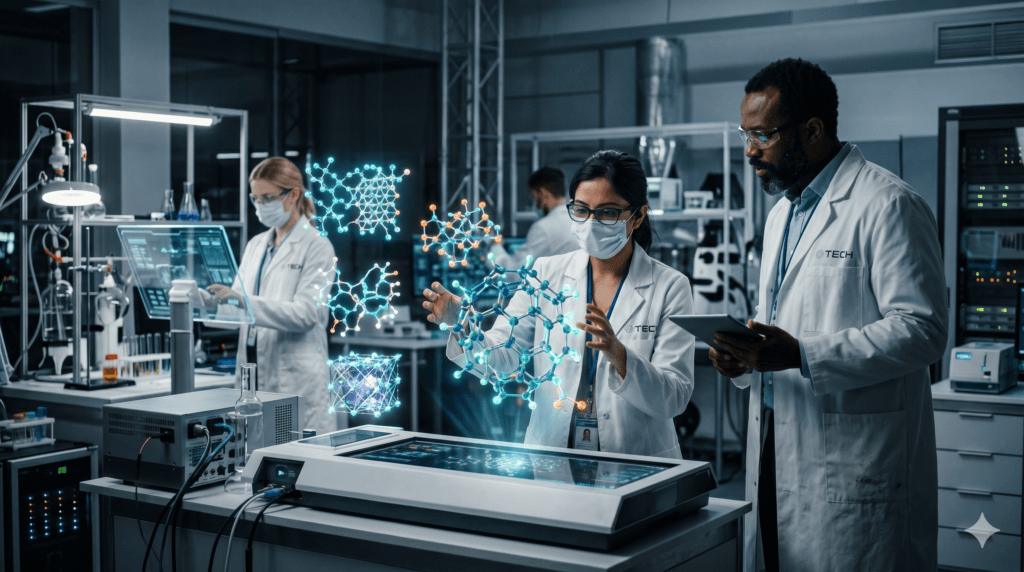 Cientistas interagem com projeções holográficas de estruturas moleculares complexas em um laboratório futurista, simbolizando a descoberta de materiais por IA.