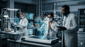 Cientistas interagem com projeções holográficas de estruturas moleculares complexas em um laboratório futurista, simbolizando a descoberta de materiais por IA.