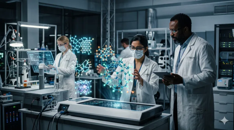 Cientistas interagem com projeções holográficas de estruturas moleculares complexas em um laboratório futurista, simbolizando a descoberta de materiais por IA.
