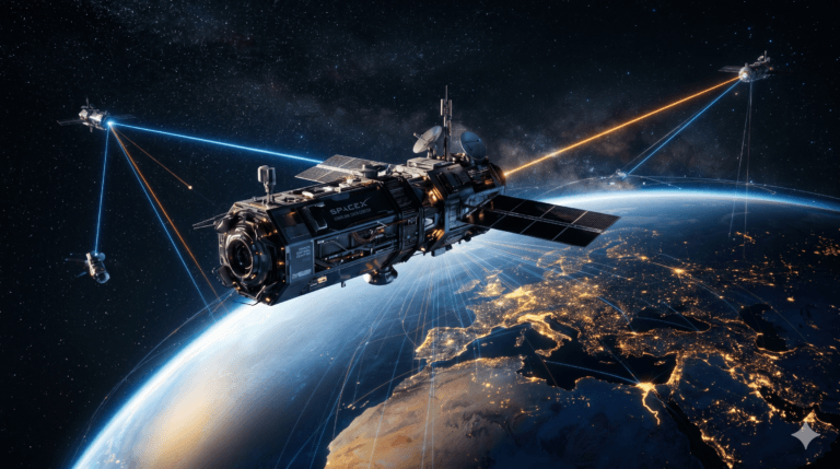 Módulo de data center espacial em órbita da Terra, com conexões a laser e linhas de dados globais, representando a internet orbital de Elon Musk.