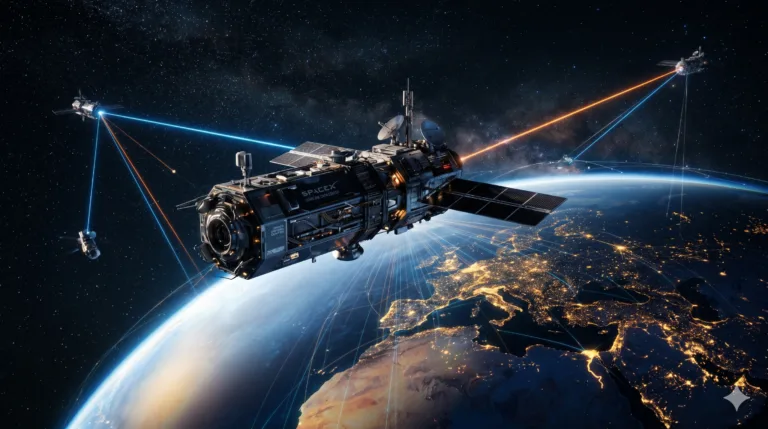 Módulo de data center espacial em órbita da Terra, com conexões a laser e linhas de dados globais, representando a internet orbital de Elon Musk.