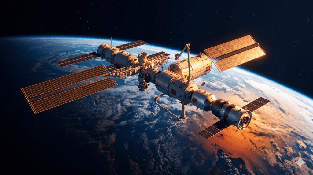 Estação Espacial Tiangong em órbita com nave Shenzhou acoplada, destacando a presença espacial chinesa.