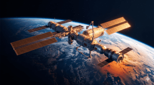 Estação Espacial Tiangong em órbita com nave Shenzhou acoplada, destacando a presença espacial chinesa.