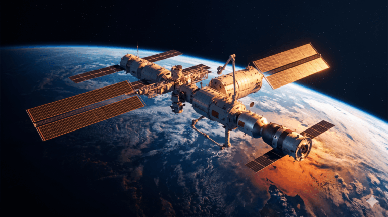Estação Espacial Tiangong em órbita com nave Shenzhou acoplada, destacando a presença espacial chinesa.