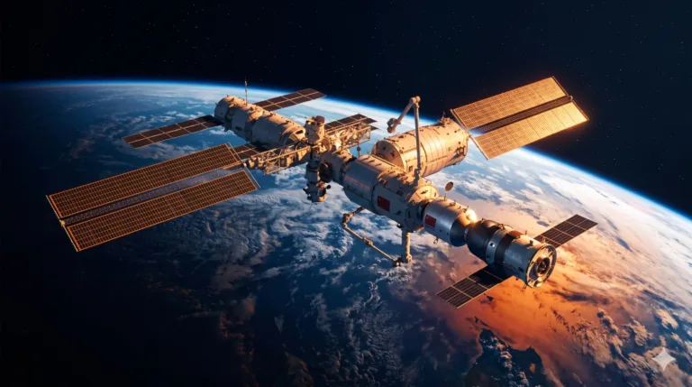 Estação Espacial Tiangong em órbita com nave Shenzhou acoplada, destacando a presença espacial chinesa.