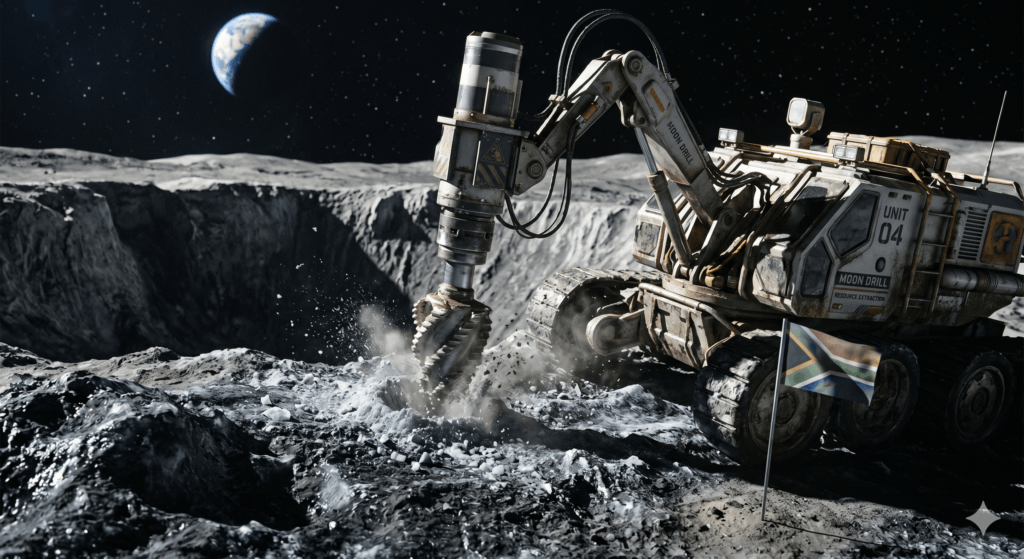 Rover lunar futurista perfurando gelo em cratera polar, destacando extração de recursos na Lua.