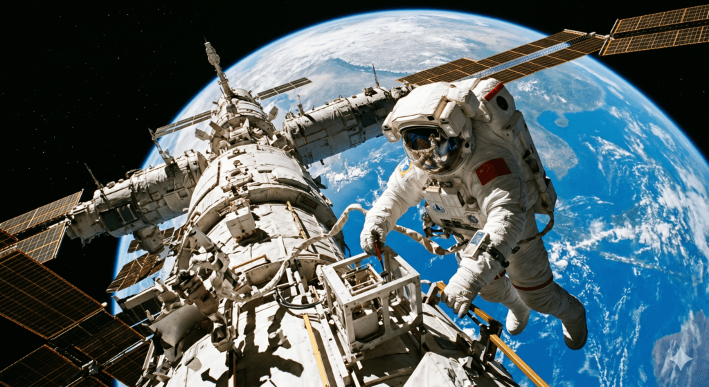 Taikonauta chinês realizando atividade extraveicular (EVA) fora da Estação Espacial Tiangong.