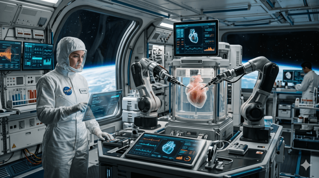 Laboratório médico futurista para espaço com robôs e cientistas, Cleveland Clinic, medicina espacial