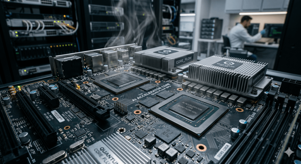 Chips de GPU de alta performance em uma placa de servidor, representando o hardware caro da IA.