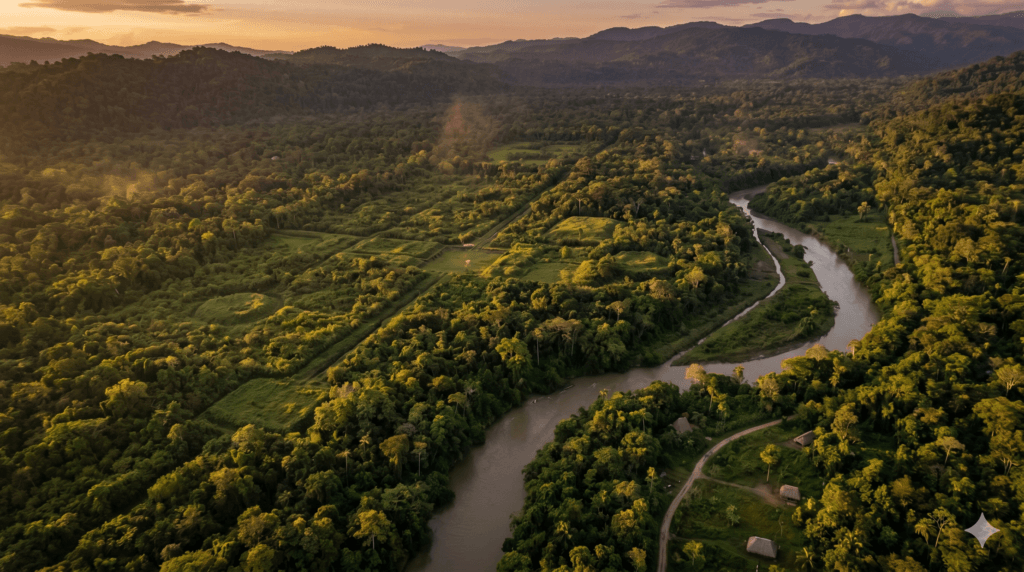 Vista aérea do Vale do Upano, Equador, revelando padrões geométricos antigos sob a floresta