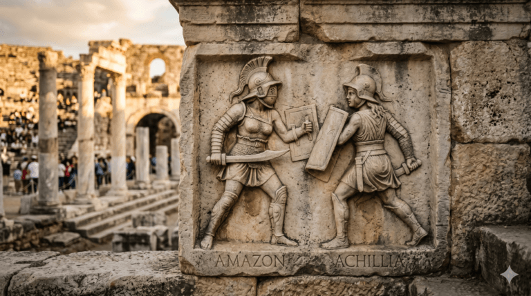 Relevo romano de gladiadoras Amazon e Achillia em Halicarnasso