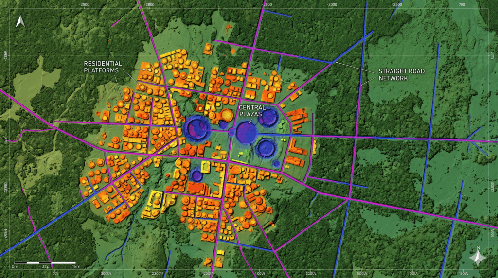 Visualização de varredura Lidar da cidade amazônica antiga com plataformas e estradas