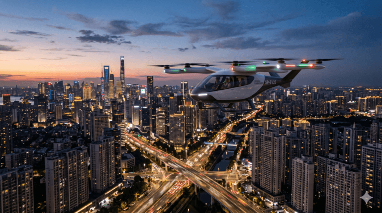 eVTOL futurista sobrevoando uma cidade ao entardecer