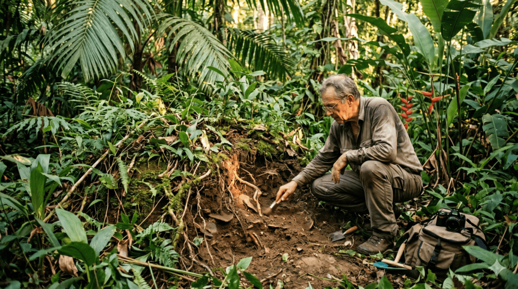 Arqueólogo Stéphen Rostain examinando um montículo de terra coberto pela vegetação na Amazônia