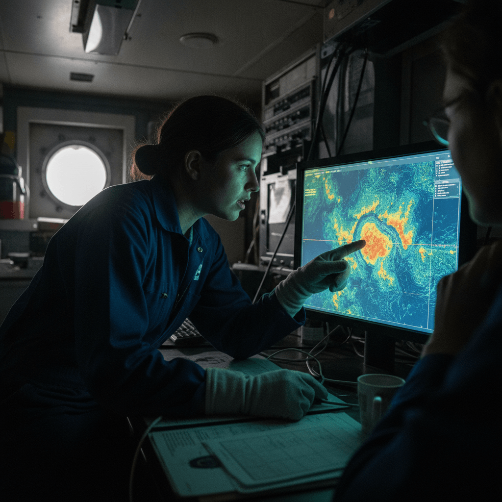 Geóloga analisando dados de metano submarino