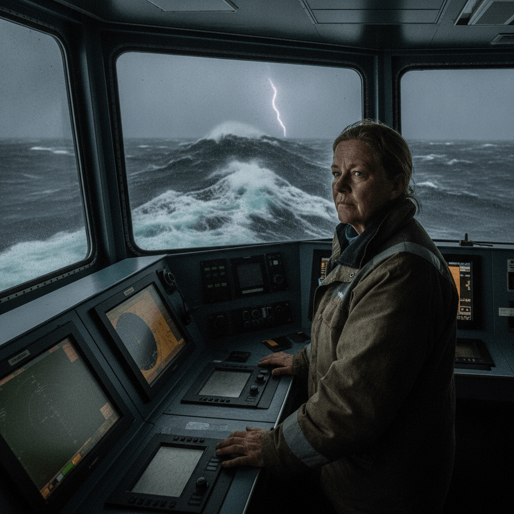 Capitão de navio enfrentando ondas gigantes