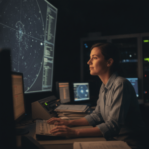 Astrônomo observa o céu noturno em observatório remoto