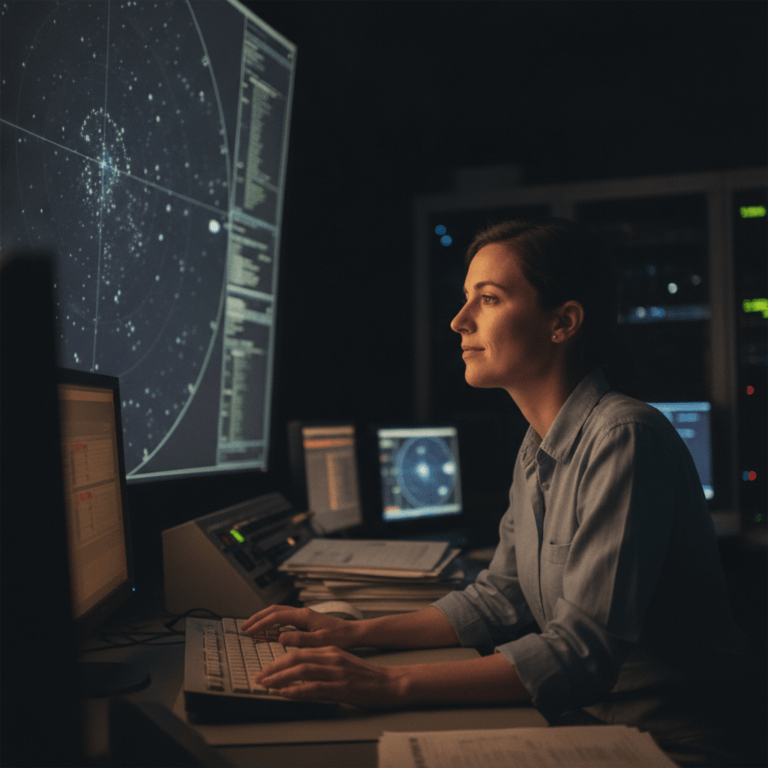 Astrônomo observa o céu noturno em observatório remoto