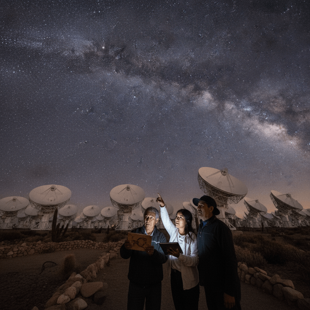 Família observa o céu noturno de uma varanda urbana