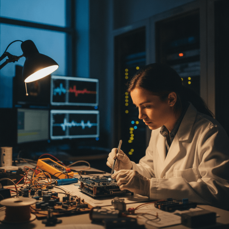 Cientistas em laboratório discutindo dados complexos sobre chips neuromórficos